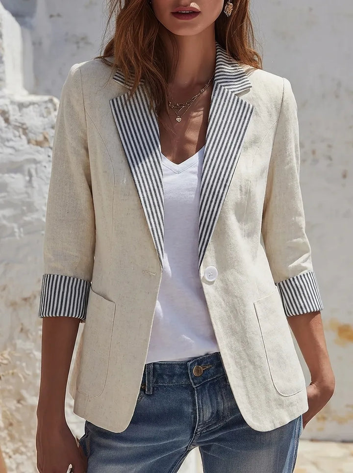 Damen gestreifter Blazer mit langen Ärmeln, Taschen und Knöpfen