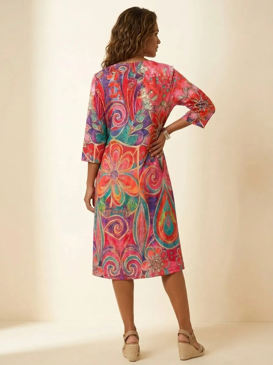Arveny | Lässiges Blumenkleid für Damen mit V-Ausschnitt und kurzen Ärmeln