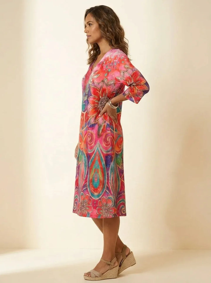 Arveny | Lässiges Blumenkleid für Damen mit V-Ausschnitt und kurzen Ärmeln