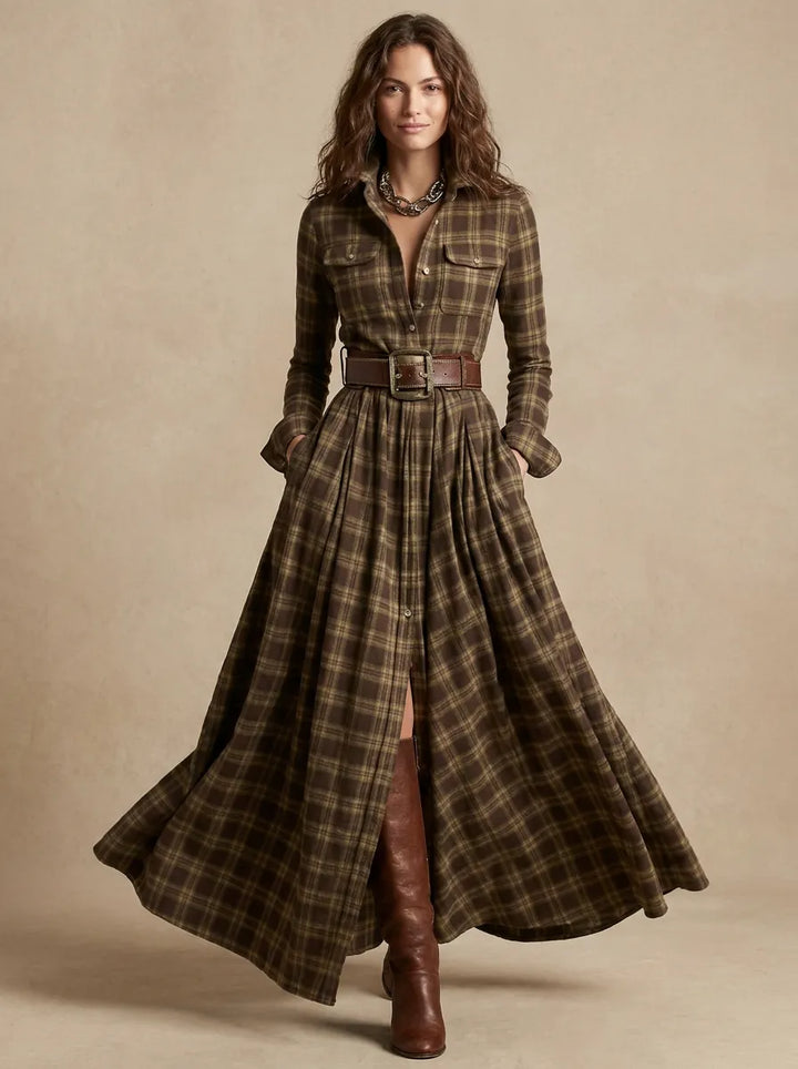 Sarah Maxi d'Inspiration Vintage Kleid für Damen mit V-Ausschnitt und langen Ärmeln