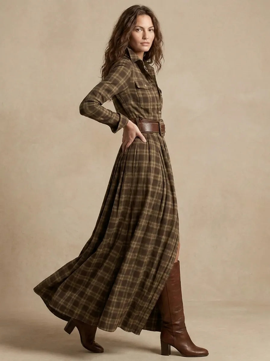 Sarah Maxi d'Inspiration Vintage Kleid für Damen mit V-Ausschnitt und langen Ärmeln
