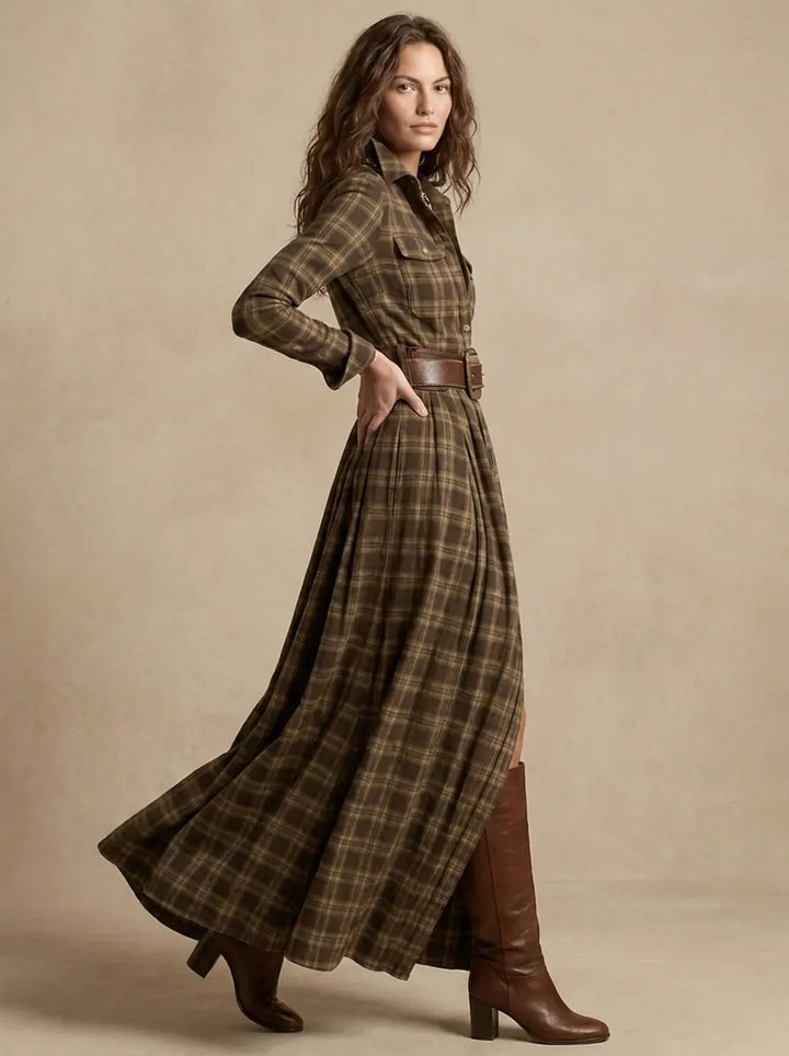Sarah Maxi d'Inspiration Vintage Kleid für Damen mit V-Ausschnitt und langen Ärmeln