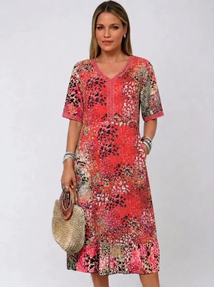 Fatima | Kleid für Damen mit Blumenmuster, V-Ausschnitt und kurzen Ärmeln