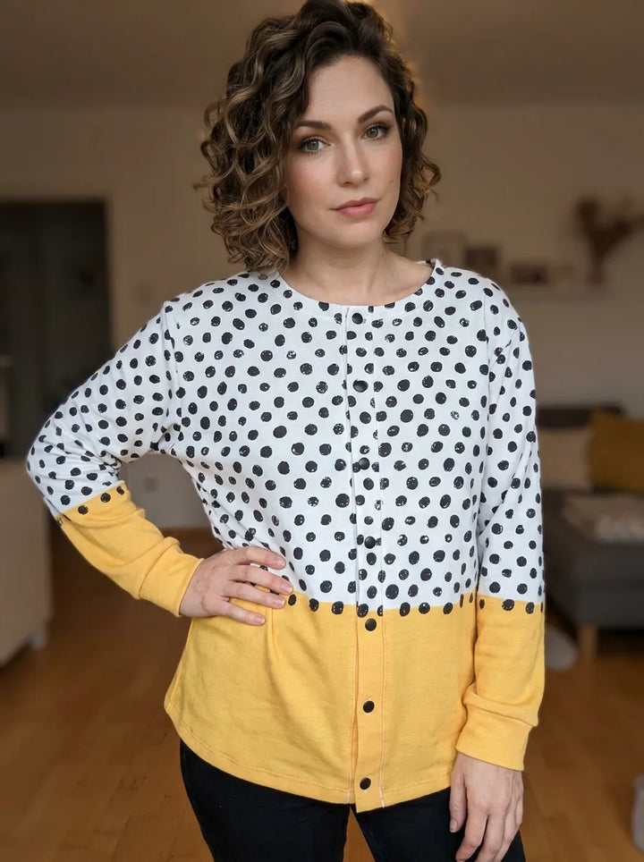 Gelber Geometrischer Polka-Dots-Druck | Geknöpfter Cardigan Pullover für Damen