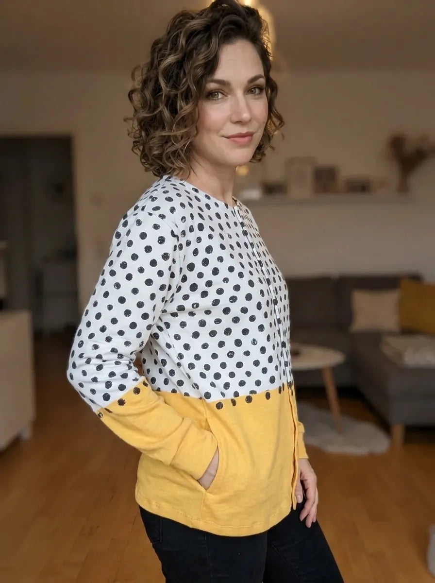Gelber Geometrischer Polka-Dots-Druck | Geknöpfter Cardigan Pullover für Damen