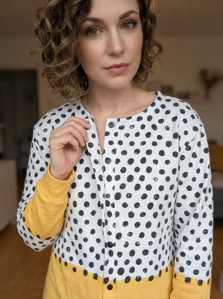 Gelber Geometrischer Polka-Dots-Druck | Geknöpfter Cardigan Pullover für Damen