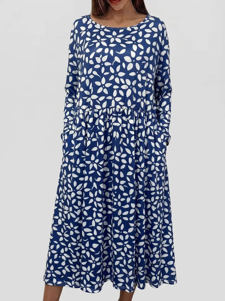 Sela | Küstenblumen Midi Kleid für Damen mit Rundhalsausschnitt und kurzen Ärmeln