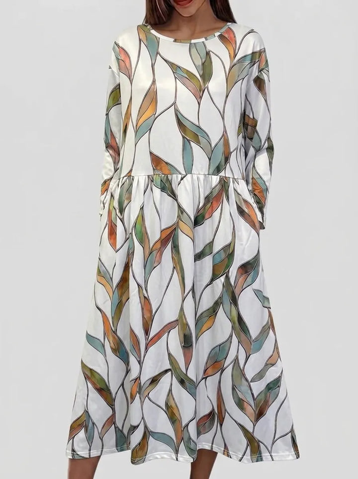 Sela | Küstenblumen Midi Kleid für Damen mit Rundhalsausschnitt und kurzen Ärmeln