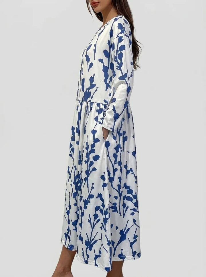 Sela | Küstenblumen Midi Kleid für Damen mit Rundhalsausschnitt und kurzen Ärmeln