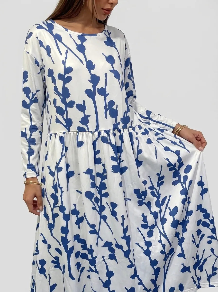 Sela | Küstenblumen Midi Kleid für Damen mit Rundhalsausschnitt und kurzen Ärmeln