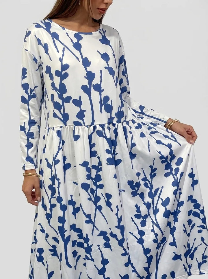 Sela | Küstenblumen Midi Kleid für Damen mit Rundhalsausschnitt und kurzen Ärmeln