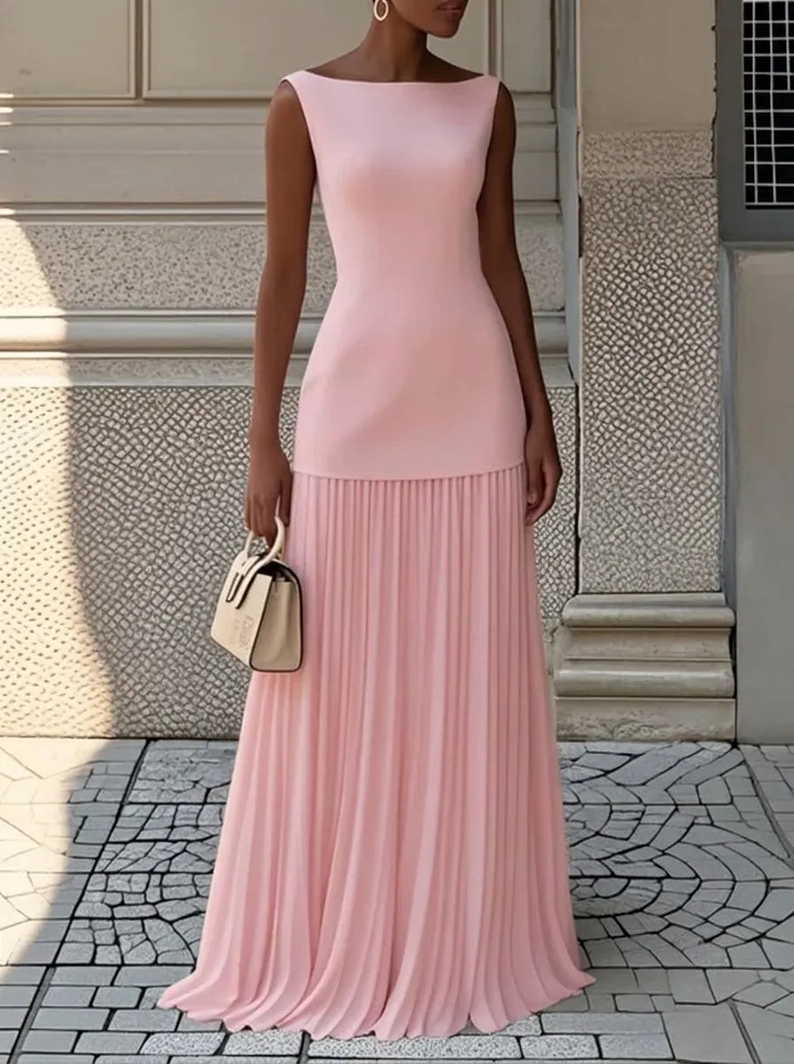 Celeste | Plissiertes Maxikleid für Damen mit Rundhalsausschnitt