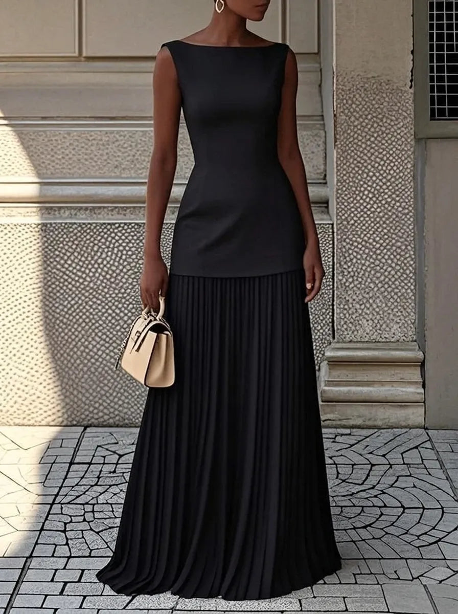 Celeste | Plissiertes Maxikleid für Damen mit Rundhalsausschnitt