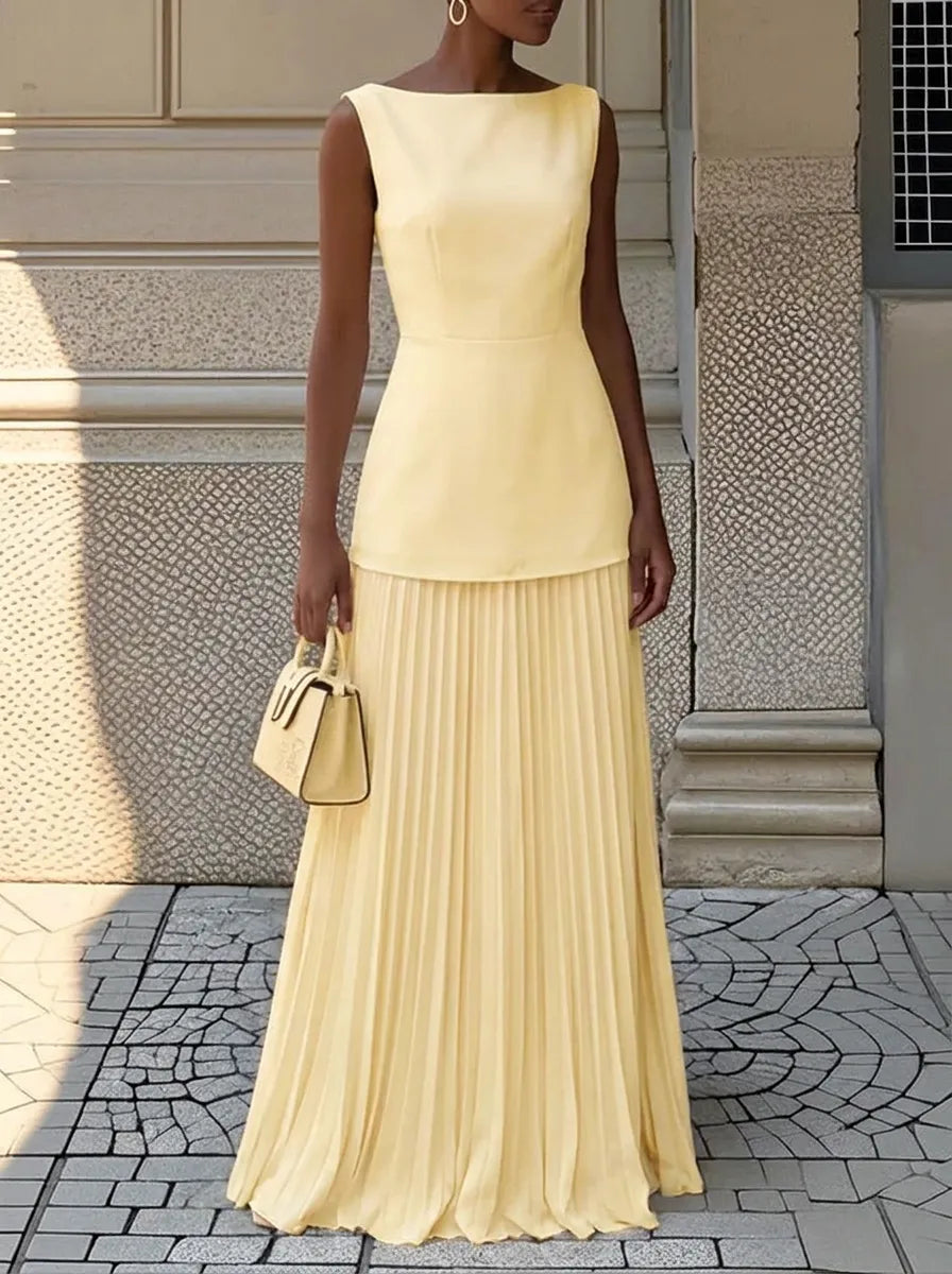 Celeste | Plissiertes Maxikleid für Damen mit Rundhalsausschnitt