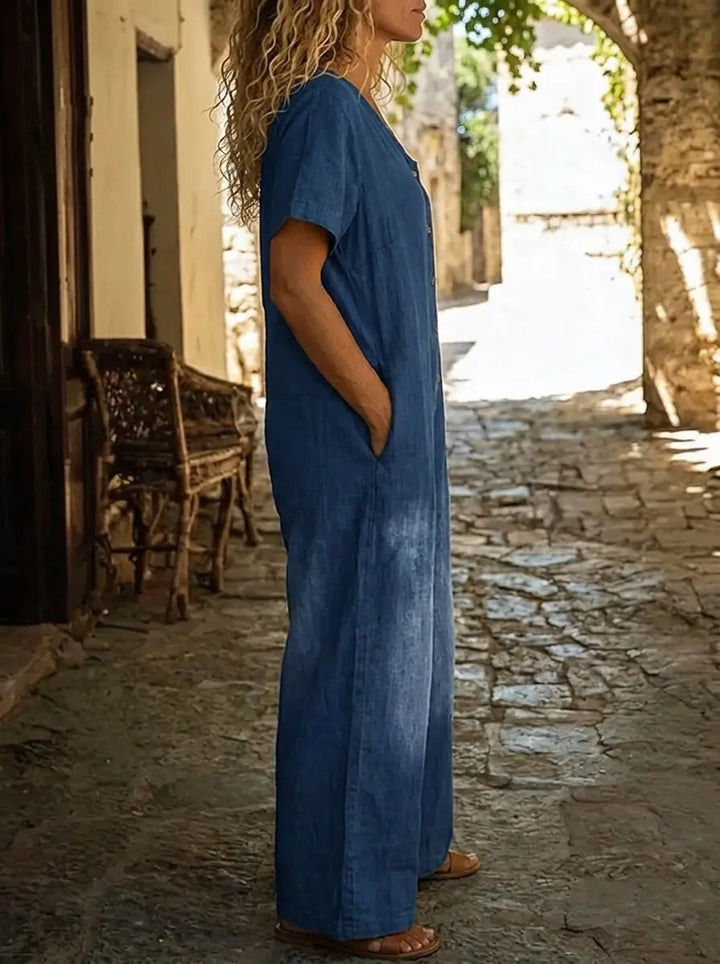 Denise | Tuta in denim da donna con scollo a V e maniche corte