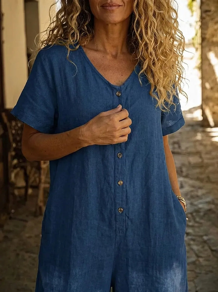 Denise | Tuta in denim da donna con scollo a V e maniche corte