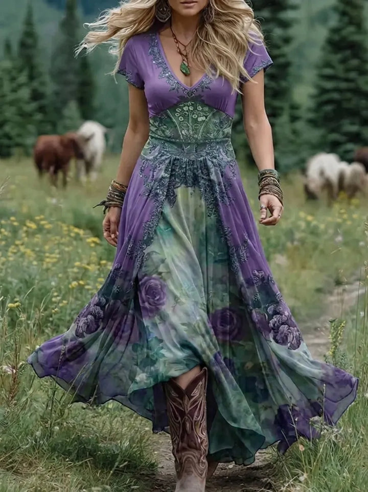 Mavis | Elegantes Florales Maxikleid für Damen mit V-Ausschnitt und kurzen Ärmeln