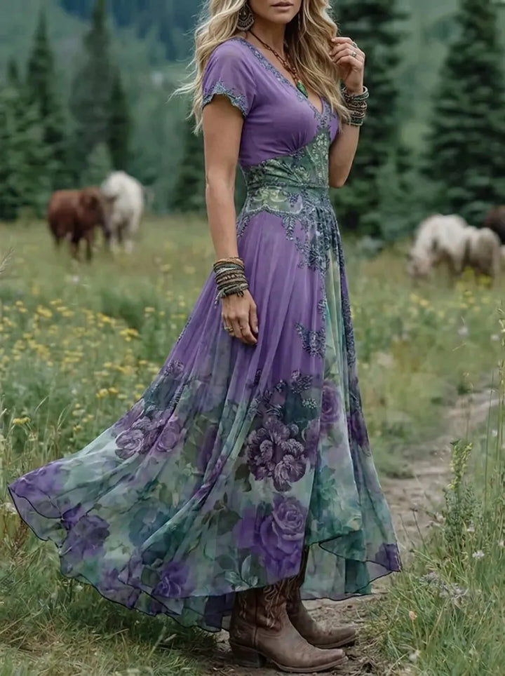 Mavis | Elegantes Florales Maxikleid für Damen mit V-Ausschnitt und kurzen Ärmeln