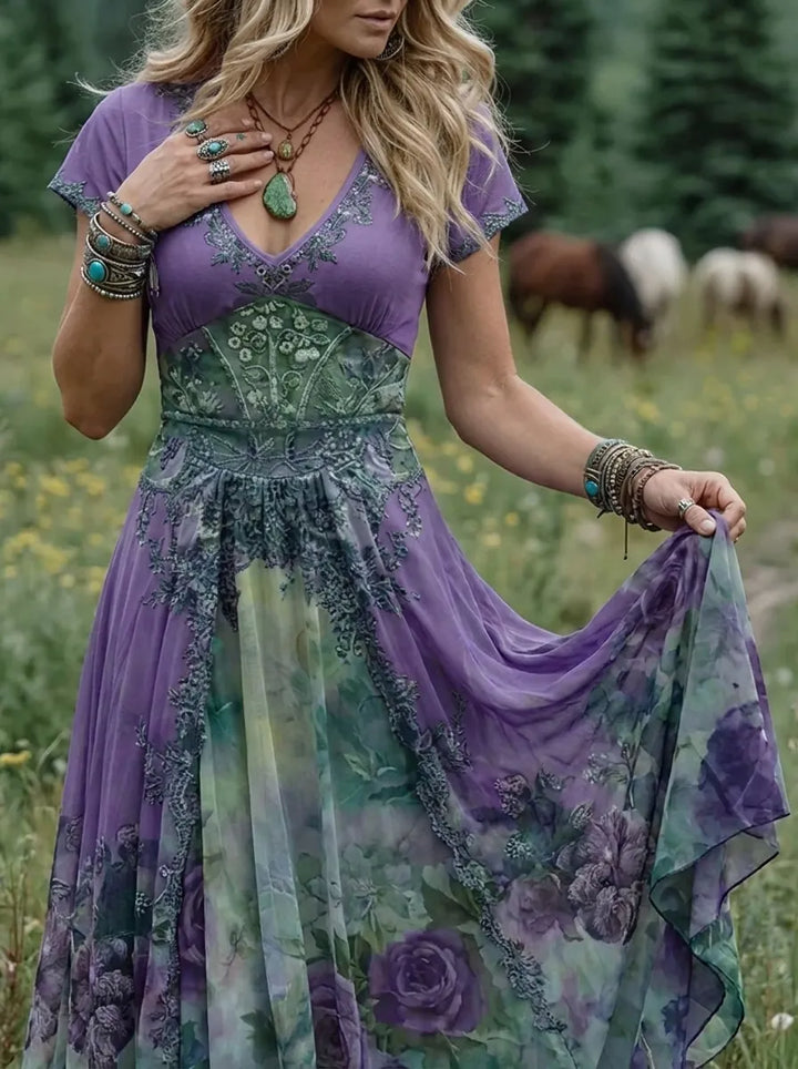 Mavis | Elegantes Florales Maxikleid für Damen mit V-Ausschnitt und kurzen Ärmeln