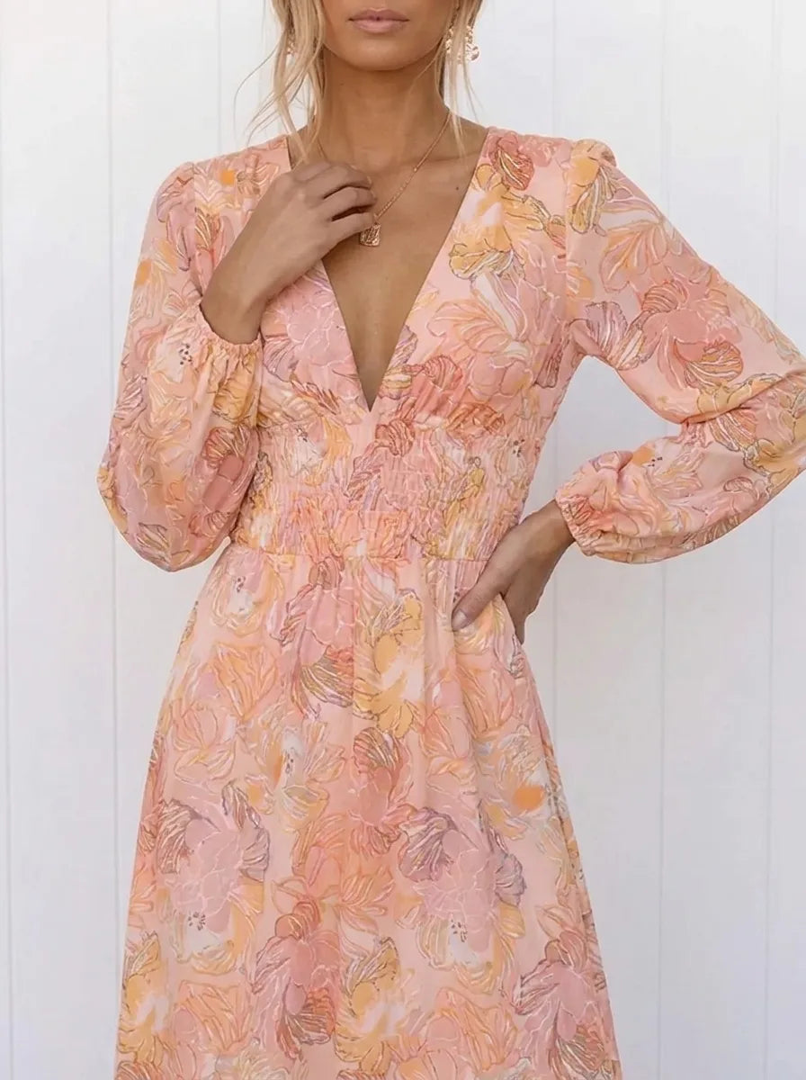 Amara | Splendido abito floreale da donna con scollo a V e maniche corte