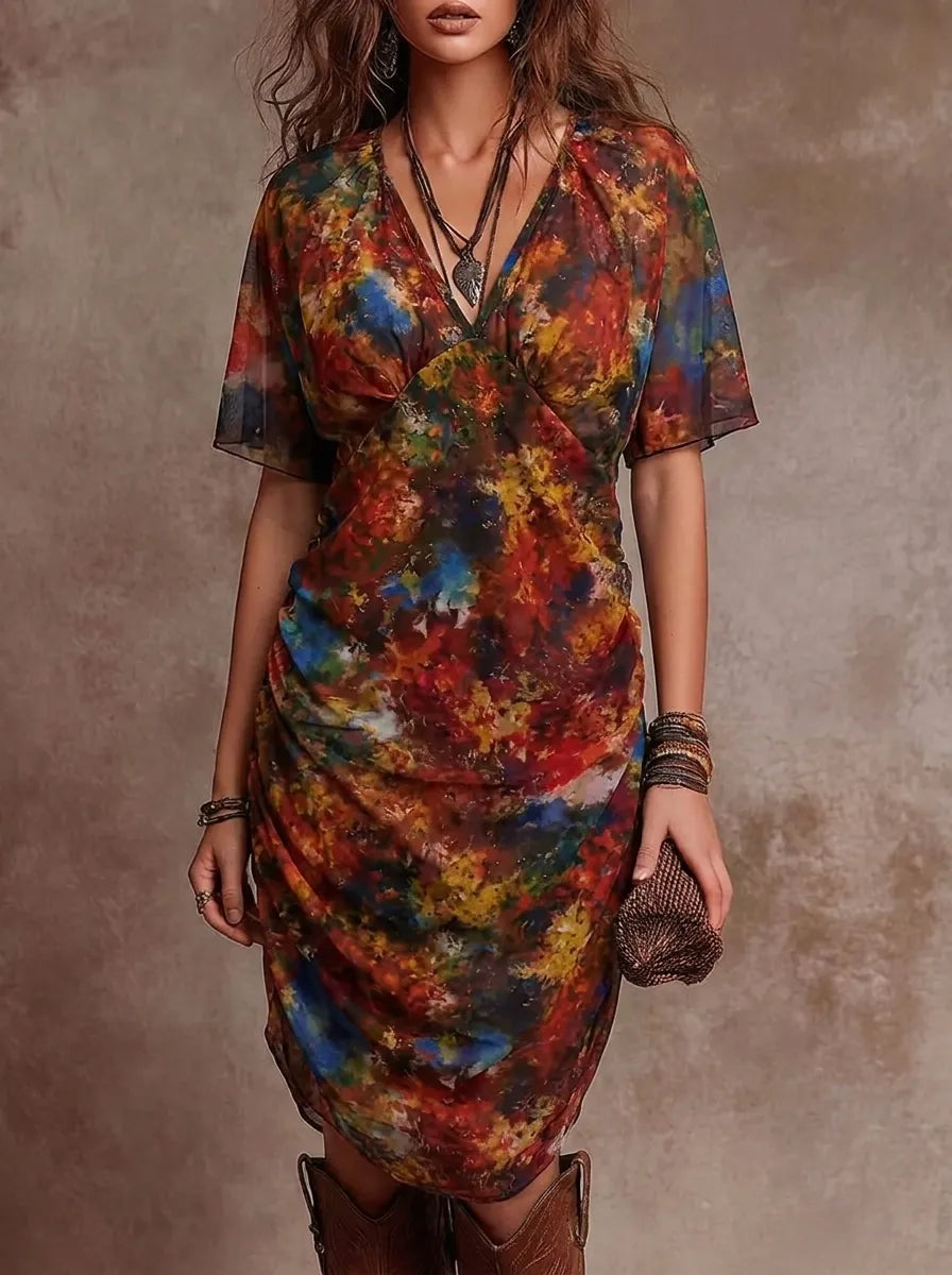Judy | Abstraktes V-Ausschnitt Falten Midi-Kleid für Damen mit Bohemian Flair