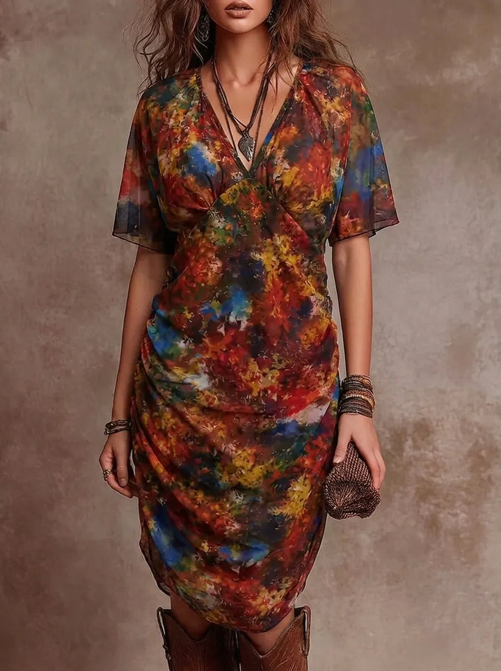 Judy | Abstraktes V-Ausschnitt Falten Midi-Kleid für Damen mit Bohemian Flair