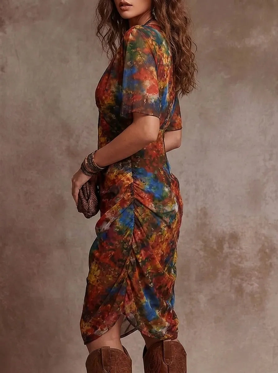 Judy | Abstraktes V-Ausschnitt Falten Midi-Kleid für Damen mit Bohemian Flair