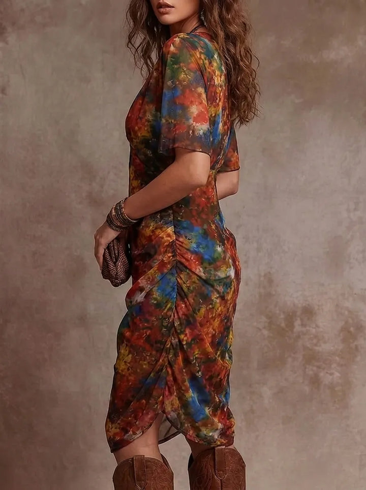 Judy | Abstraktes V-Ausschnitt Falten Midi-Kleid für Damen mit Bohemian Flair