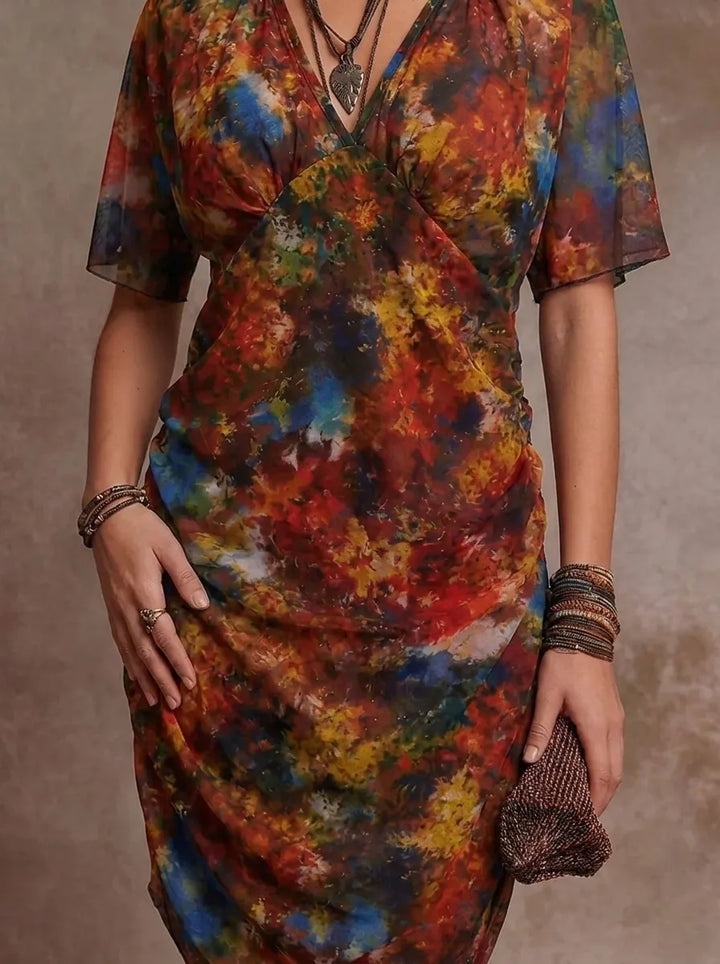 Judy | Abstraktes V-Ausschnitt Falten Midi-Kleid für Damen mit Bohemian Flair