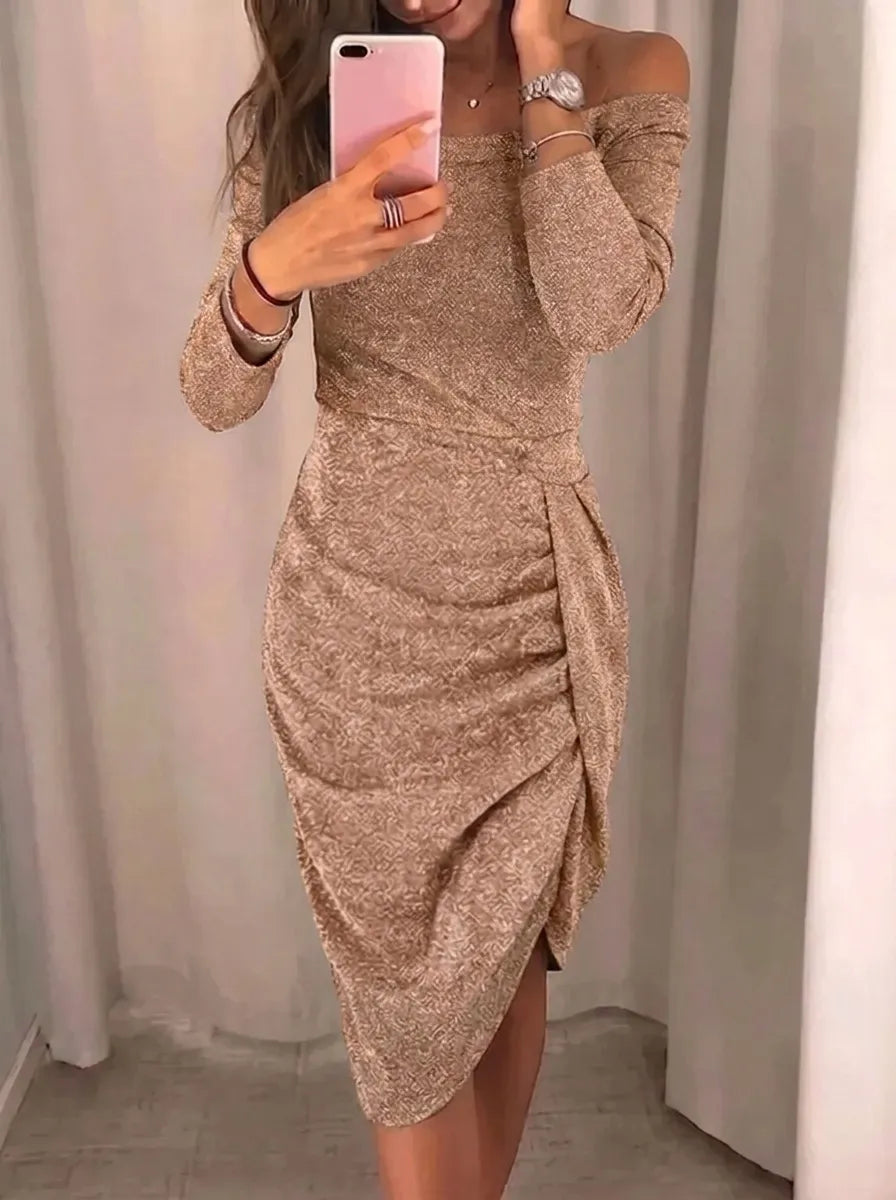 Averelle | elegante vestido midi chic de mujer con escote asimétrico