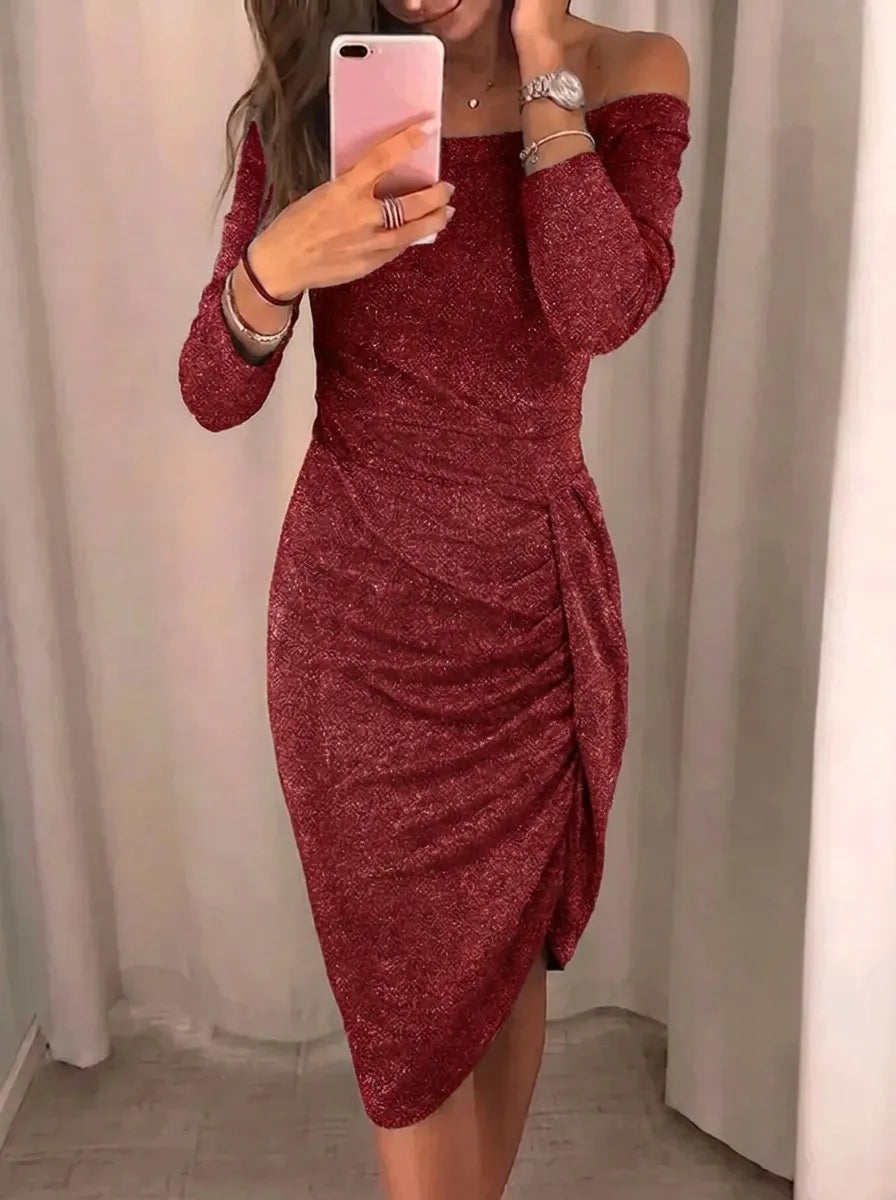 Averelle | elegante vestido midi chic de mujer con escote asimétrico
