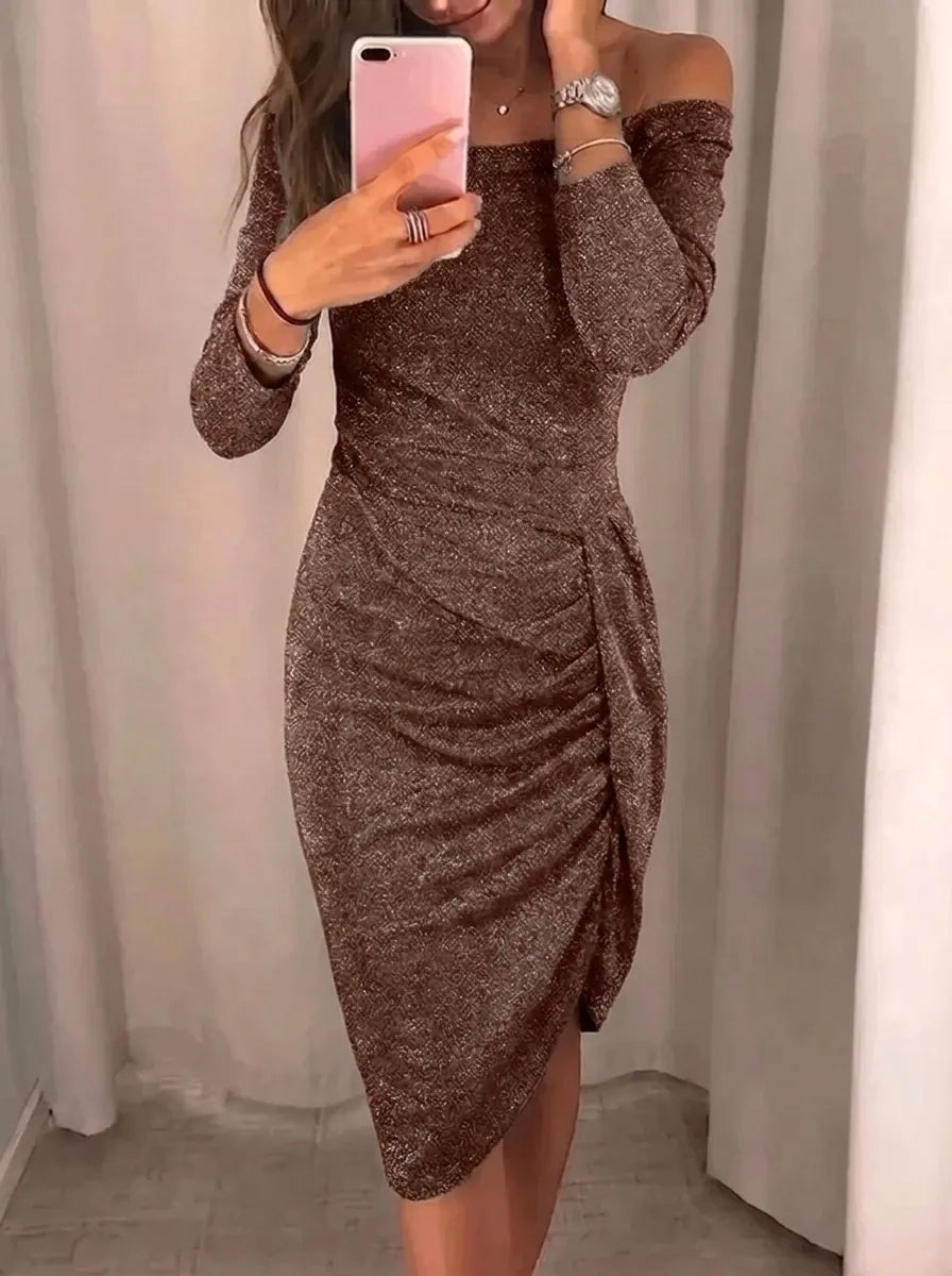 Averelle | elegante vestido midi chic de mujer con escote asimétrico