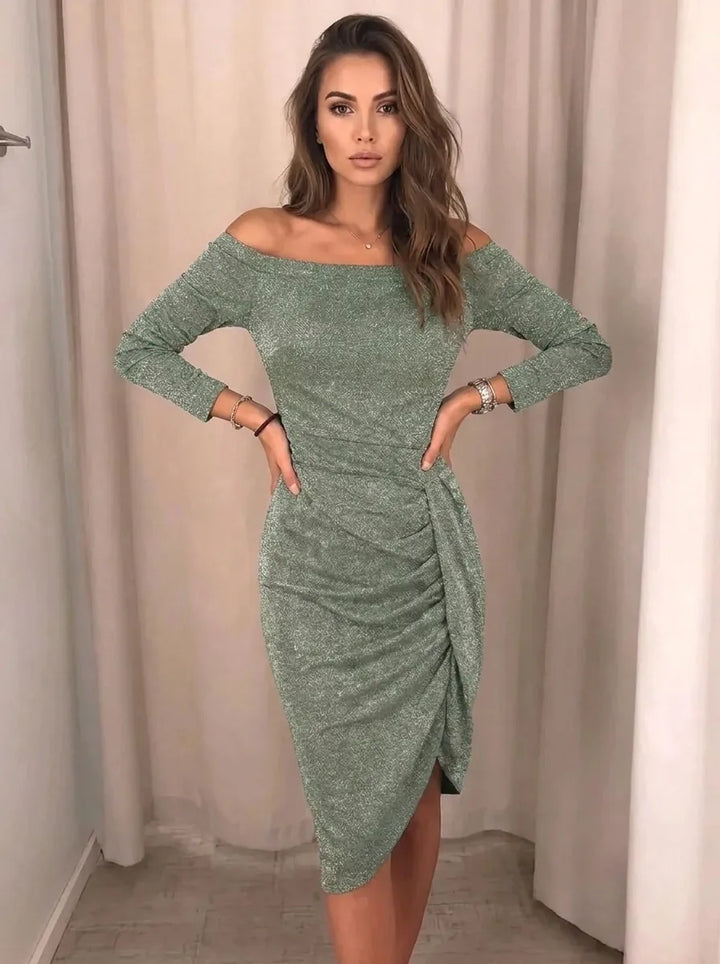 Averelle | elegante vestido midi chic de mujer con escote asimétrico