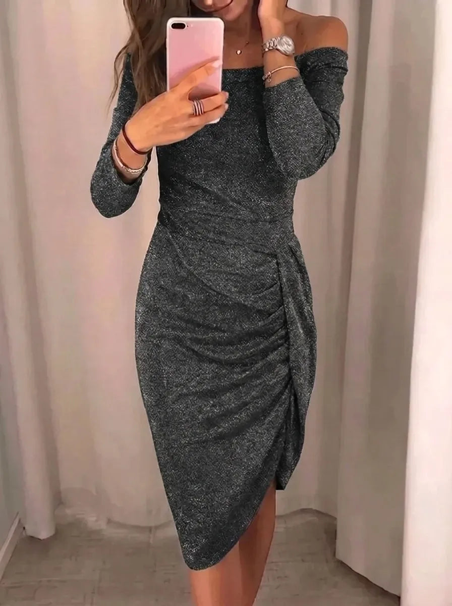 Averelle | elegante vestido midi chic de mujer con escote asimétrico