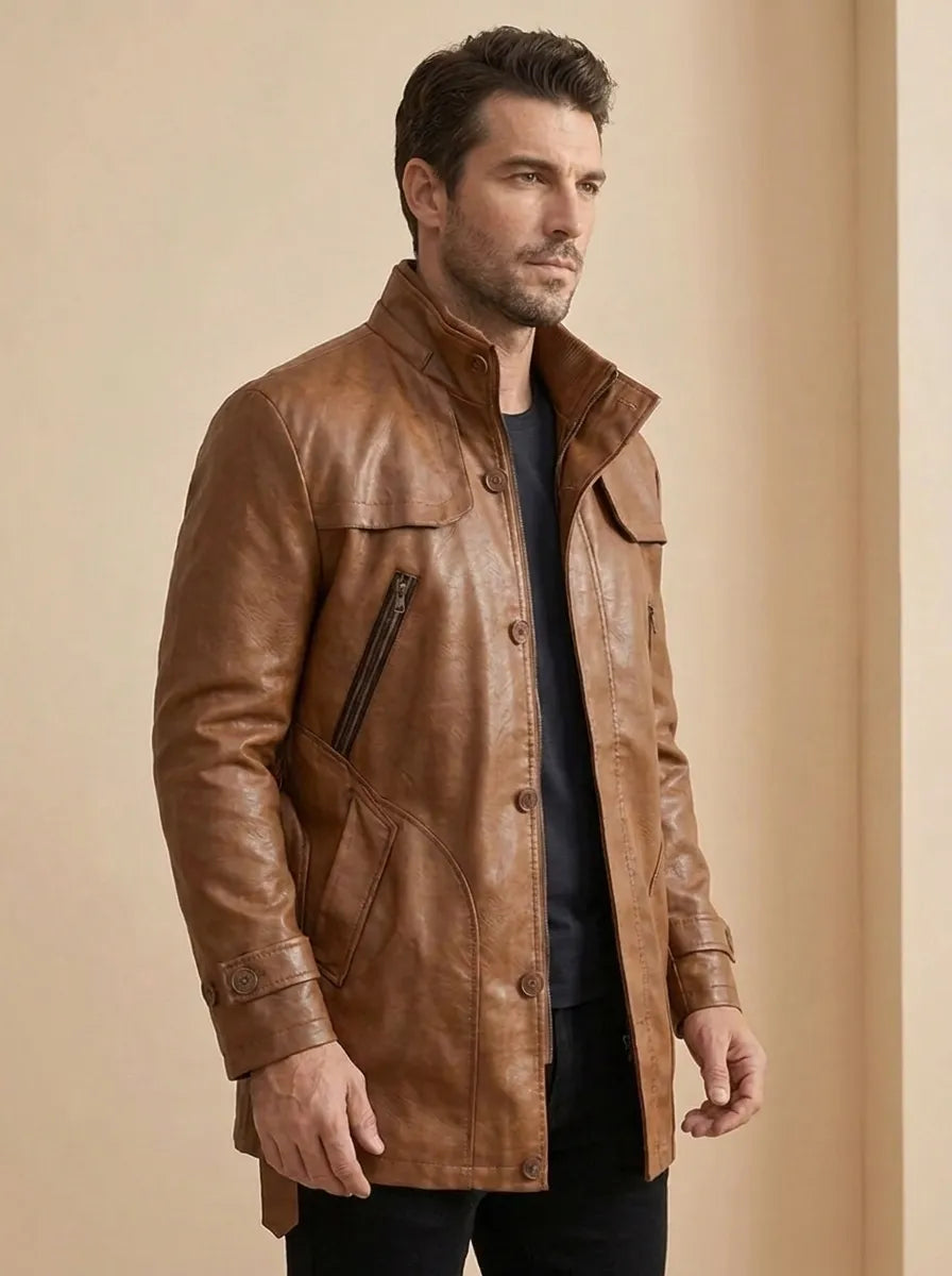 Elegante Lange Bikerjacke für Herren mit langen Ärmeln
