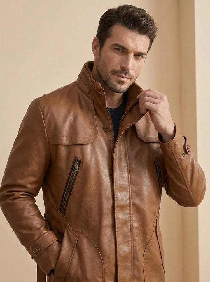 Elegante Lange Bikerjacke für Herren mit langen Ärmeln