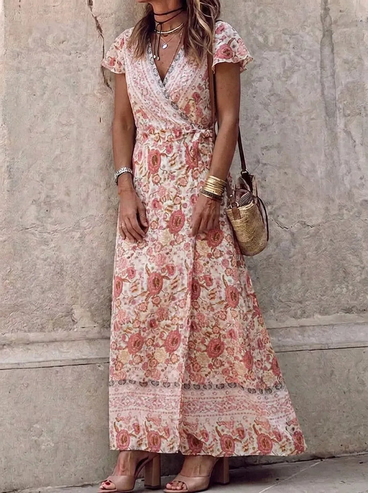 Rhyzelle | Bohemian Floral A-Linienkleid für Damen mit V-Ausschnitt und Gürtel