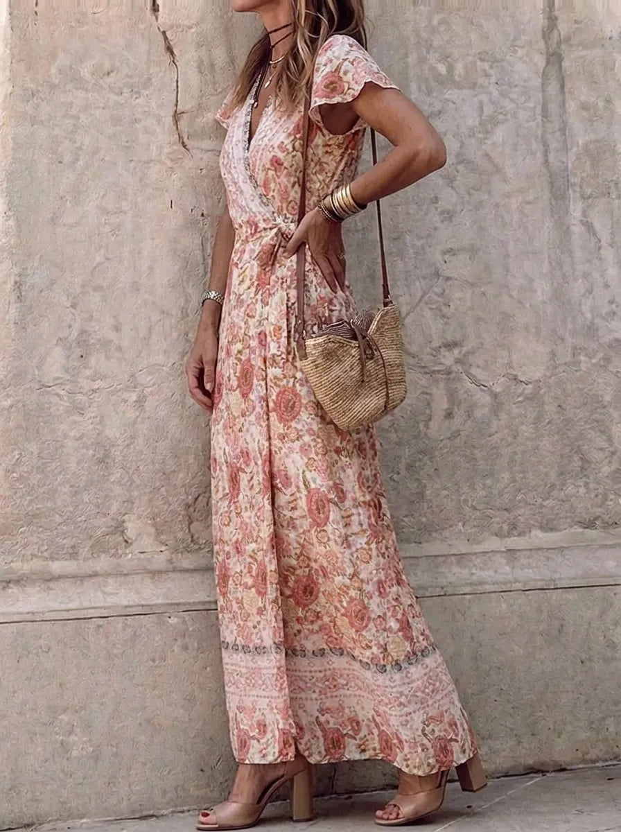 Rhyzelle | Bohemian Floral A-Linienkleid für Damen mit V-Ausschnitt und Gürtel