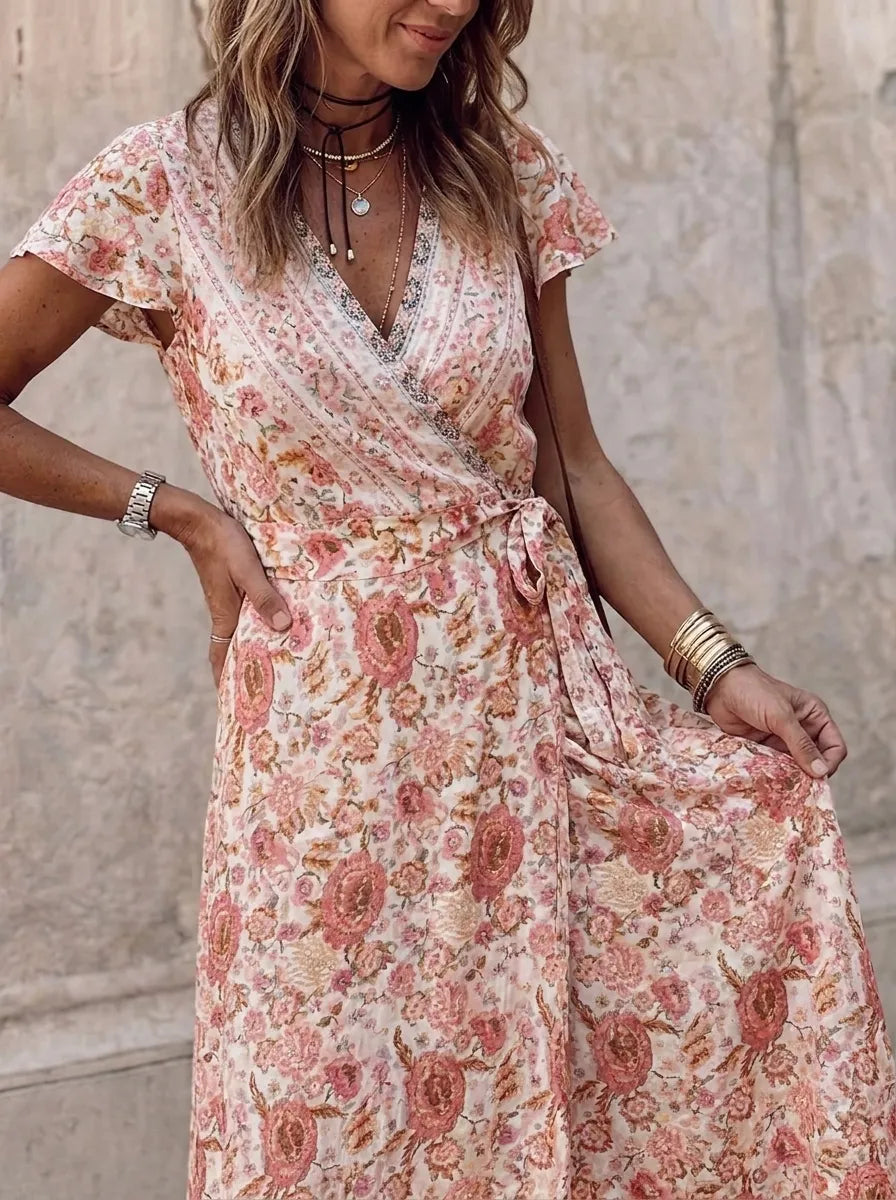 Rhyzelle | Bohemian Floral A-Linienkleid für Damen mit V-Ausschnitt und Gürtel