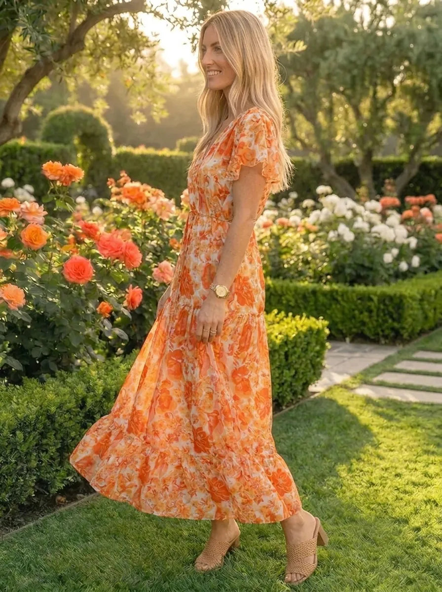 Stilvolles Gigi Druckkleid für Damen mit V-Ausschnitt und kurzen Ärmeln