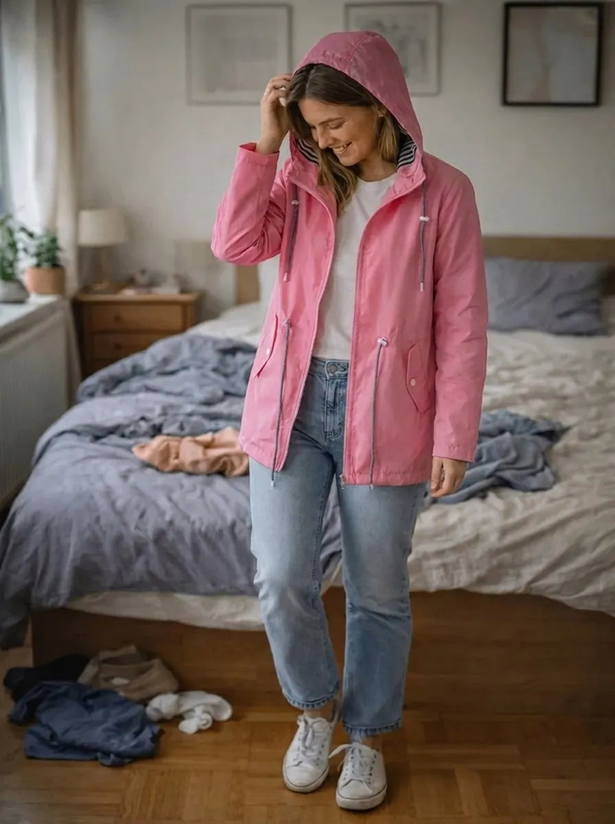 Impermeabile da donna con maniche lunghe, cappuccio e tasche