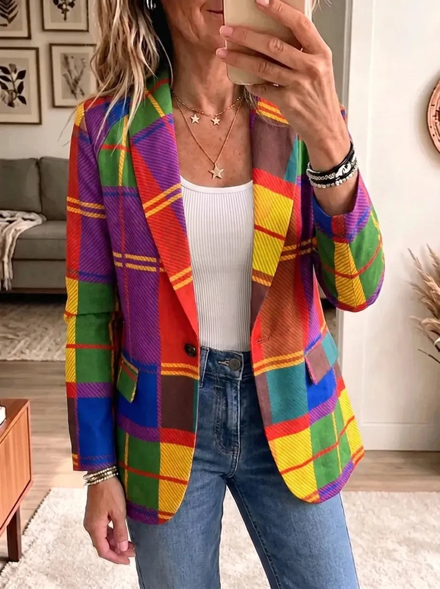 Abrigo de mujer con botones y bolsillos, de cuadros y manga larga