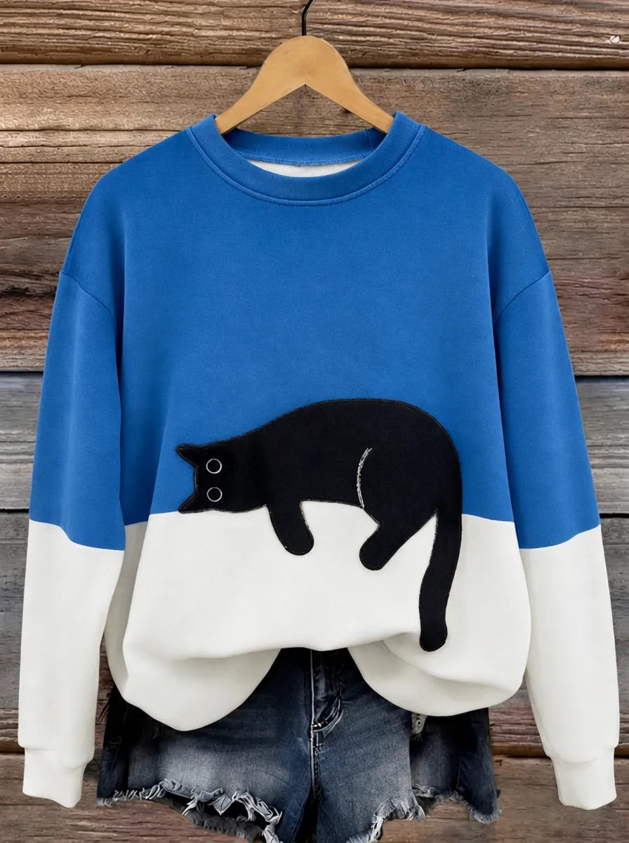 Jersey oversize de mujer con motivo de gatos y diseño de bloques de color