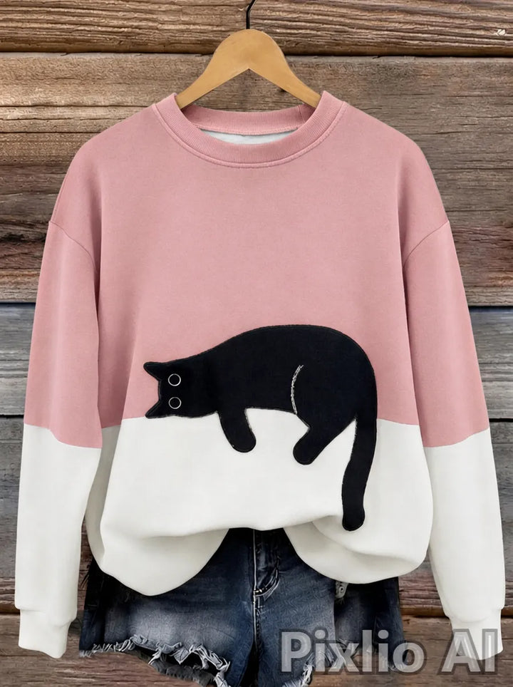 Jersey oversize de mujer con motivo de gatos y diseño de bloques de color