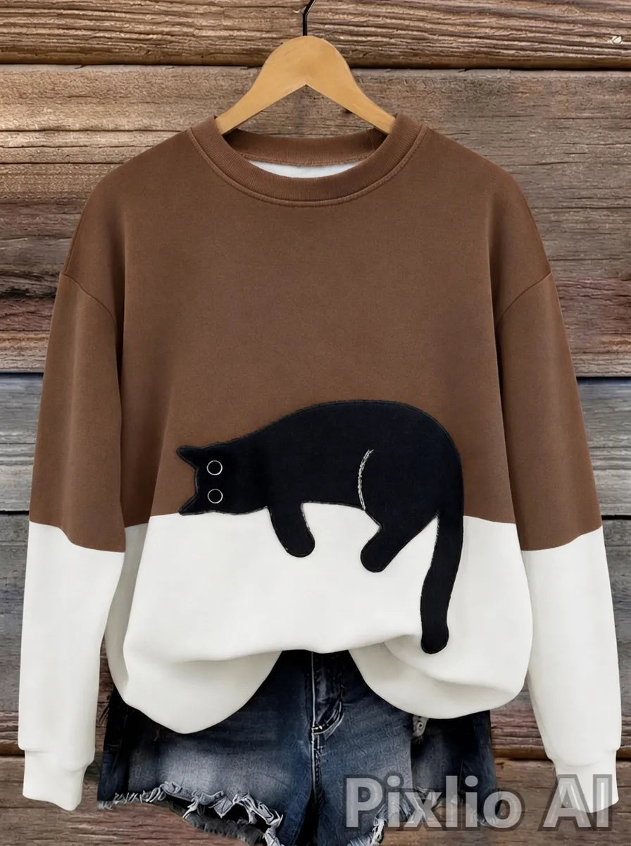 Jersey oversize de mujer con motivo de gatos y diseño de bloques de color