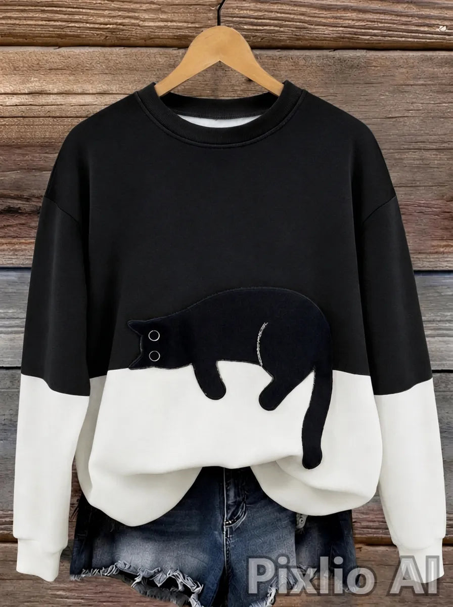 Jersey oversize de mujer con motivo de gatos y diseño de bloques de color