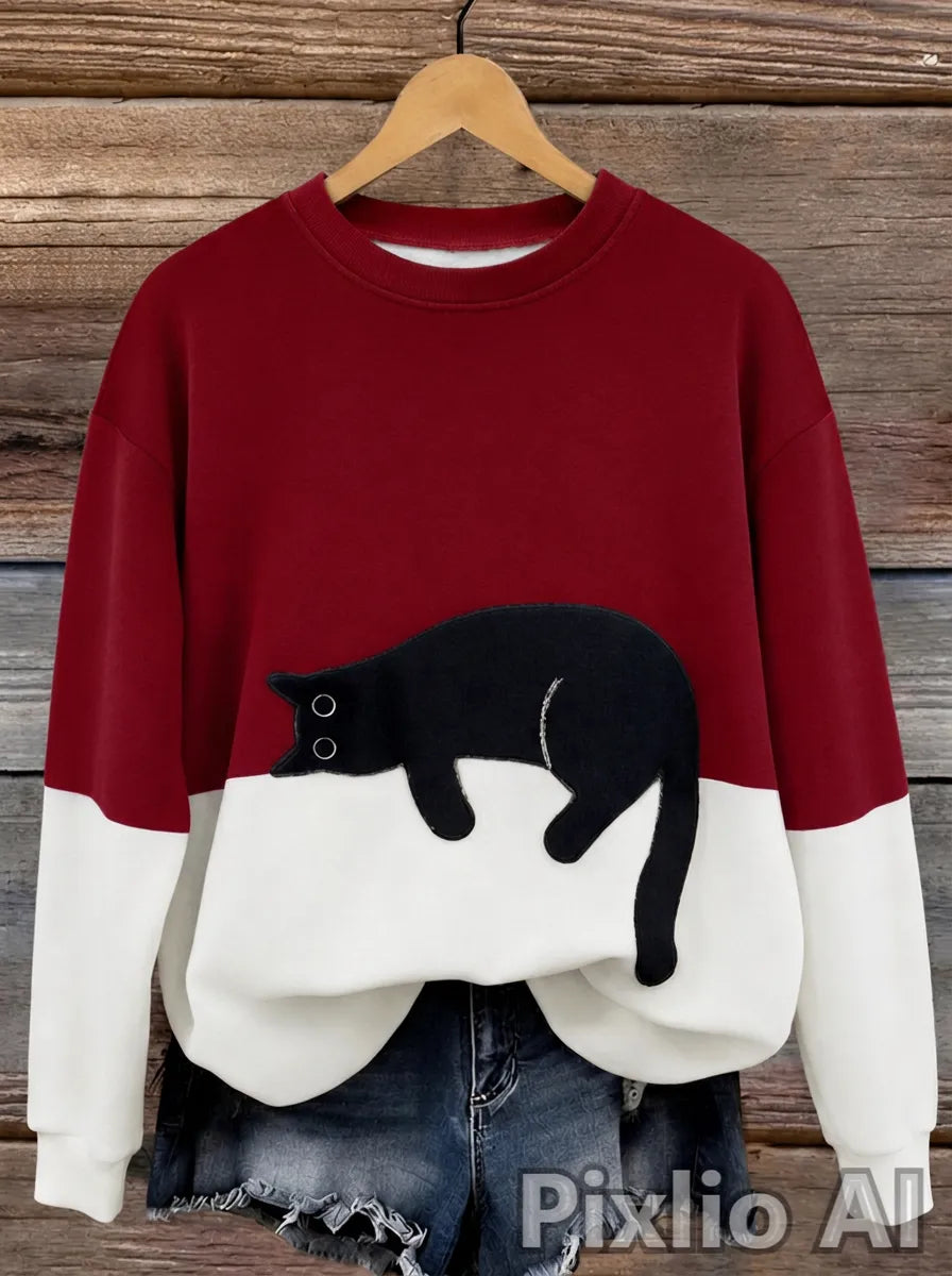 Jersey oversize de mujer con motivo de gatos y diseño de bloques de color