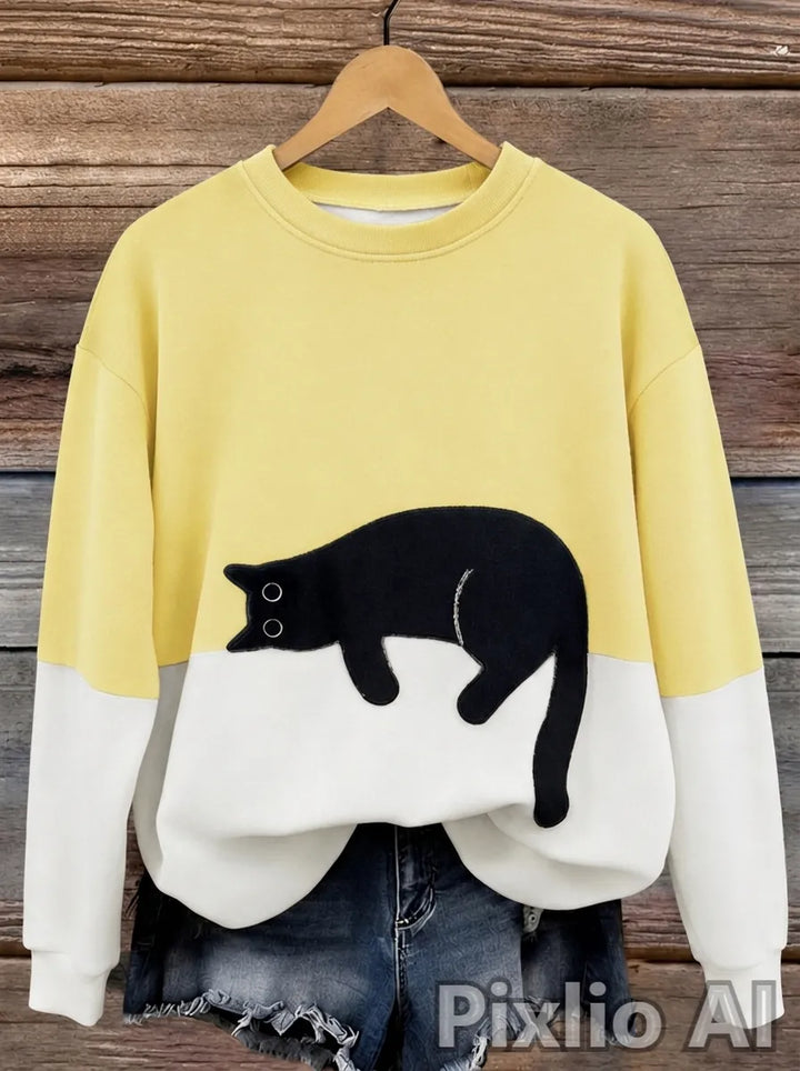 Jersey oversize de mujer con motivo de gatos y diseño de bloques de color