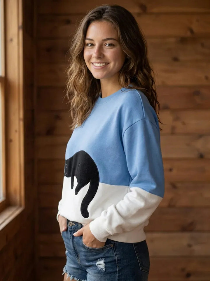 Jersey oversize de mujer con motivo de gatos y diseño de bloques de color