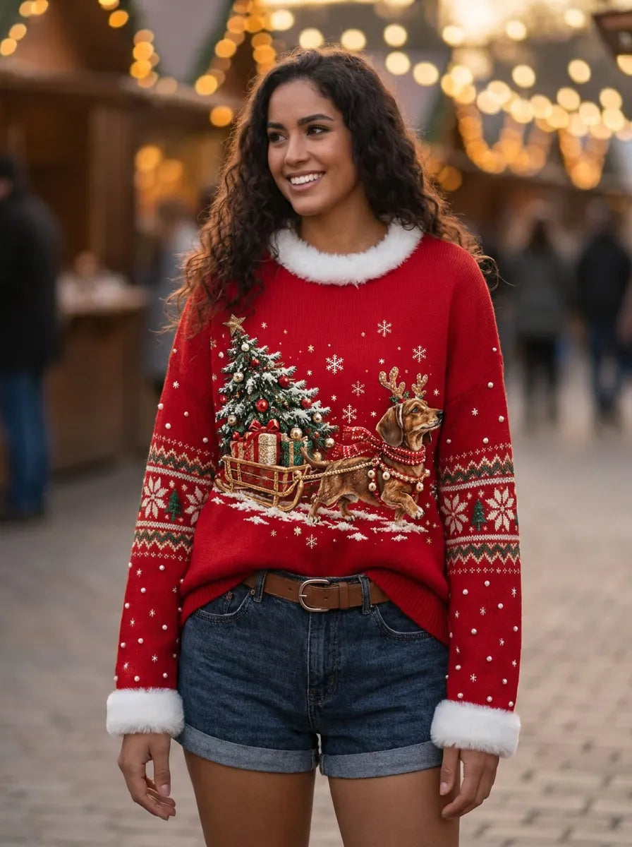 Hauts décoratifs de Noël pour femmes avec nœud et col rond